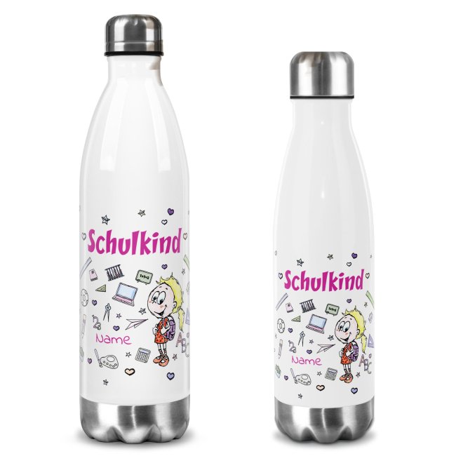 Wei&szlig;e Edelstahl-Trinkflasche - Schulkind M&auml;dchen - mit Name - 2 Gr&ouml;&szlig;en