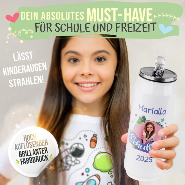 Cola-Dose - Schulkind Rosa - mit Foto, Name &amp; Jahr - Wei&szlig; 420 ml