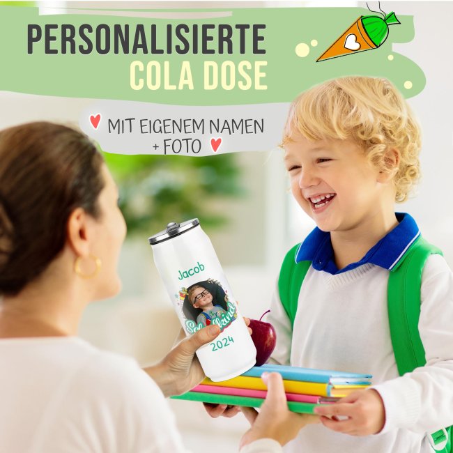 Cola-Dose - Schulkind T&uuml;rkis - mit Foto, Name &amp; Jahr - Wei&szlig; 420 ml