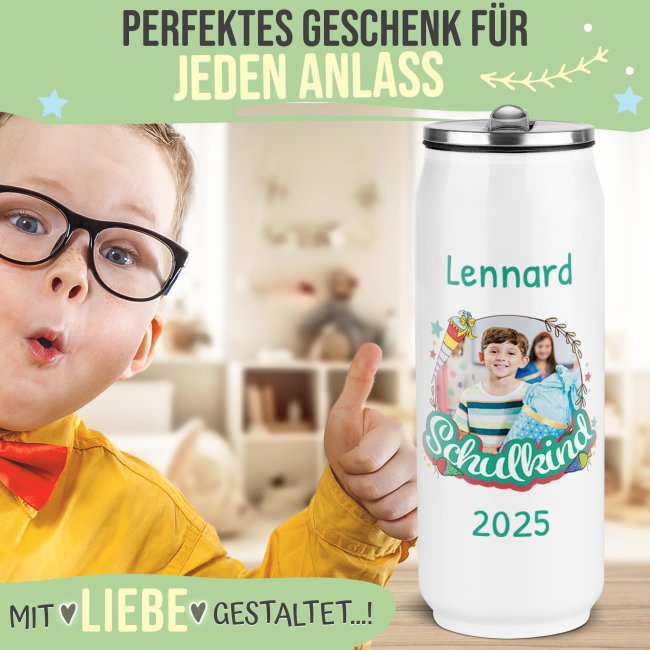 Cola-Dose - Schulkind T&uuml;rkis - mit Foto, Name &amp; Jahr - Wei&szlig; 420 ml