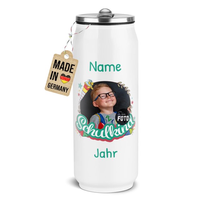 Cola-Dose - Schulkind T&uuml;rkis - mit Foto, Name &amp; Jahr - Wei&szlig; 420 ml