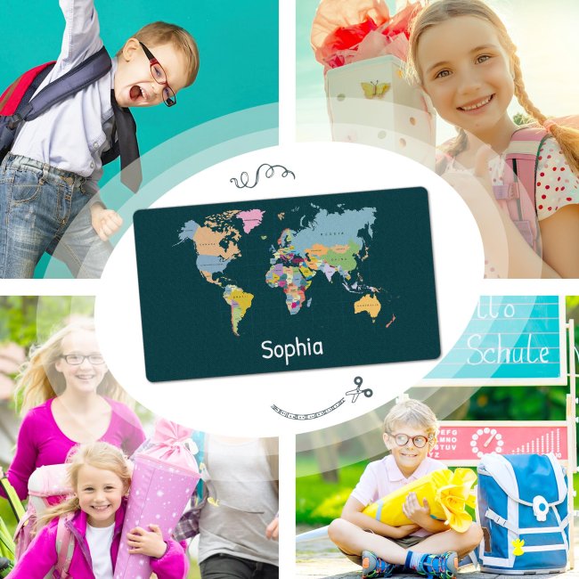 Schreibtischunterlage f&uuml;r Kinder - Weltkarte - mit Name personalisierbar - 60 x 35 cm