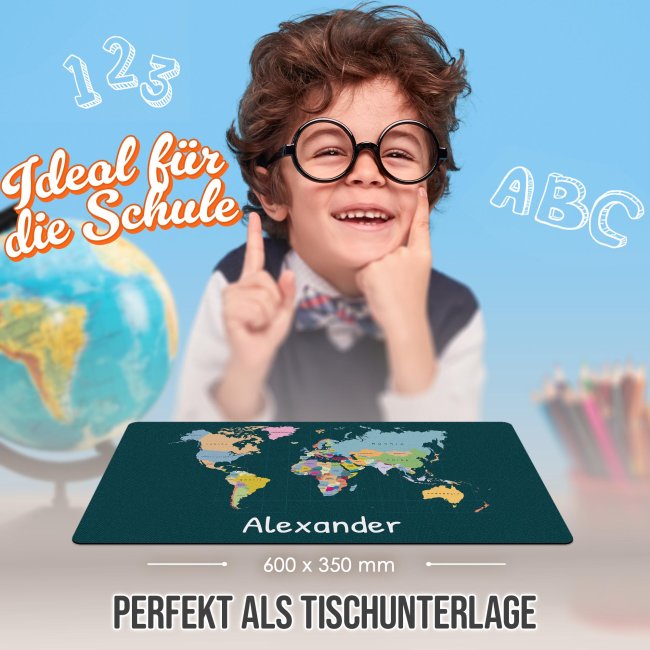 Schreibtischunterlage f&uuml;r Kinder - Weltkarte - mit Name personalisierbar - 60 x 35 cm