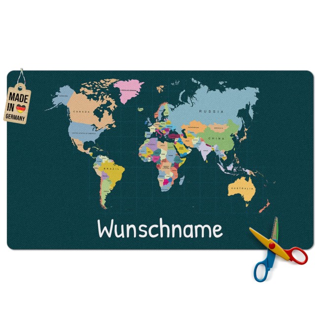 Schreibtischunterlage f&uuml;r Kinder - Weltkarte - mit Name personalisierbar - 60 x 35 cm