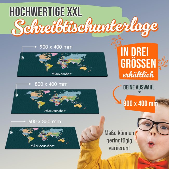 Schreibtischunterlage f&uuml;r Kinder - Weltkarte - mit Name personalisierbar - 90 x 40 cm