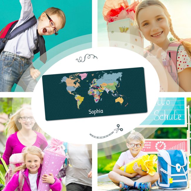 Schreibtischunterlage f&uuml;r Kinder - Weltkarte - mit Name personalisierbar - 90 x 40 cm