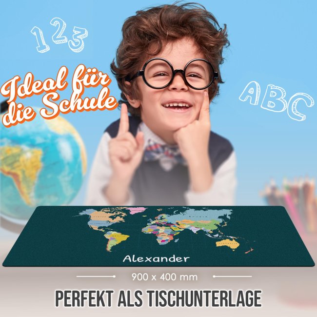 Schreibtischunterlage f&uuml;r Kinder - Weltkarte - mit Name personalisierbar - 90 x 40 cm