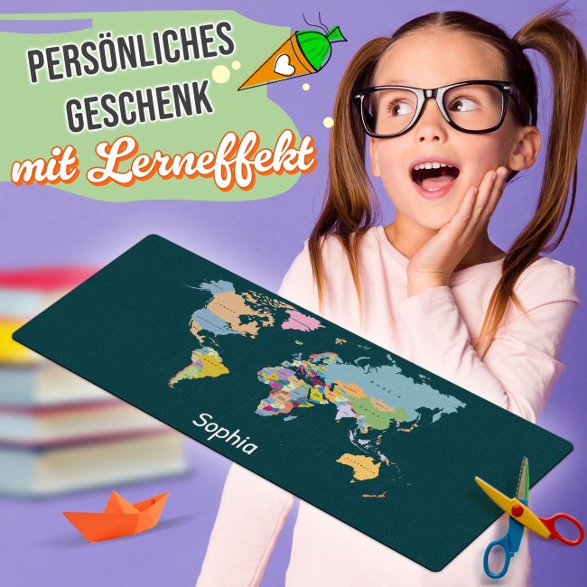 Schreibtischunterlage f&uuml;r Kinder - Weltkarte - mit Name personalisierbar - 90 x 40 cm