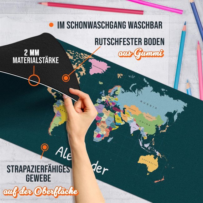 Schreibtischunterlage f&uuml;r Kinder - Weltkarte - mit Name personalisierbar - 90 x 40 cm