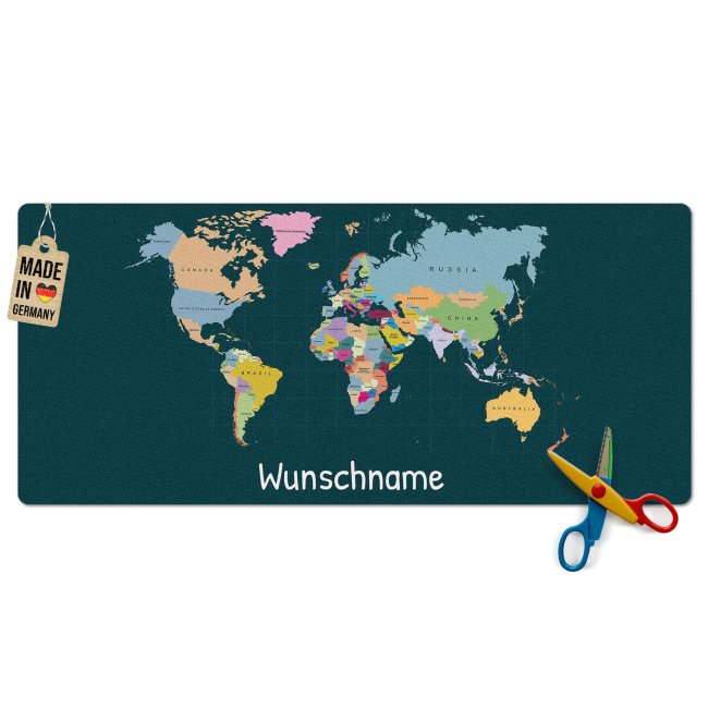 Schreibtischunterlage f&uuml;r Kinder - Weltkarte - mit Name personalisierbar - 90 x 40 cm