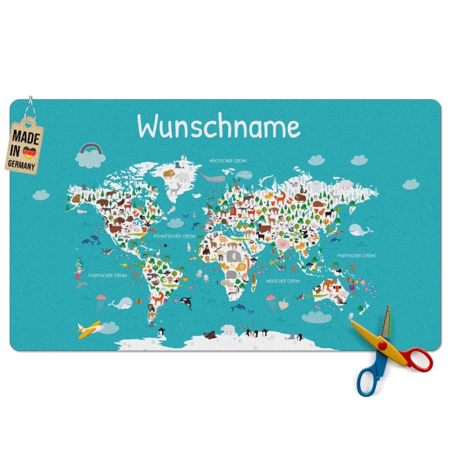 Schreibtischunterlage f&uuml;r Kinder - Weltkarte Tiere - mit Name personalisierbar - 60 x 35 cm
