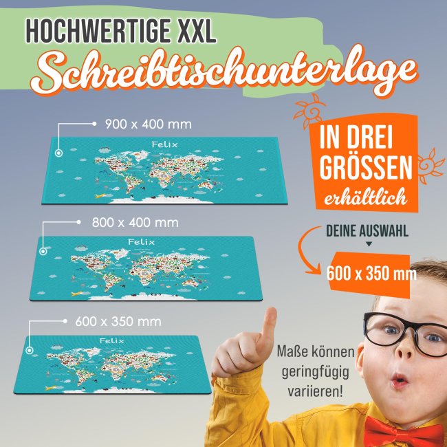 Schreibtischunterlage f&uuml;r Kinder - Weltkarte Tiere - mit Name personalisierbar - 60 x 35 cm