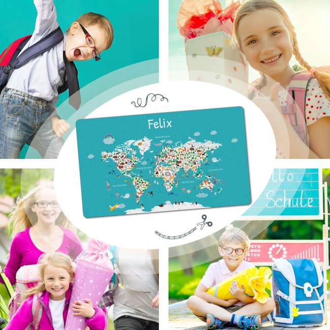 Schreibtischunterlage f&uuml;r Kinder - Weltkarte Tiere - mit Name personalisierbar - 60 x 35 cm