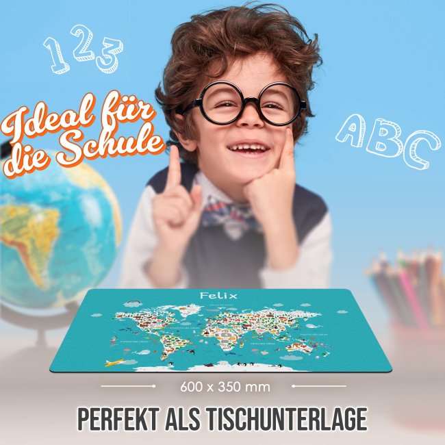 Schreibtischunterlage f&uuml;r Kinder - Weltkarte Tiere - mit Name personalisierbar - 60 x 35 cm