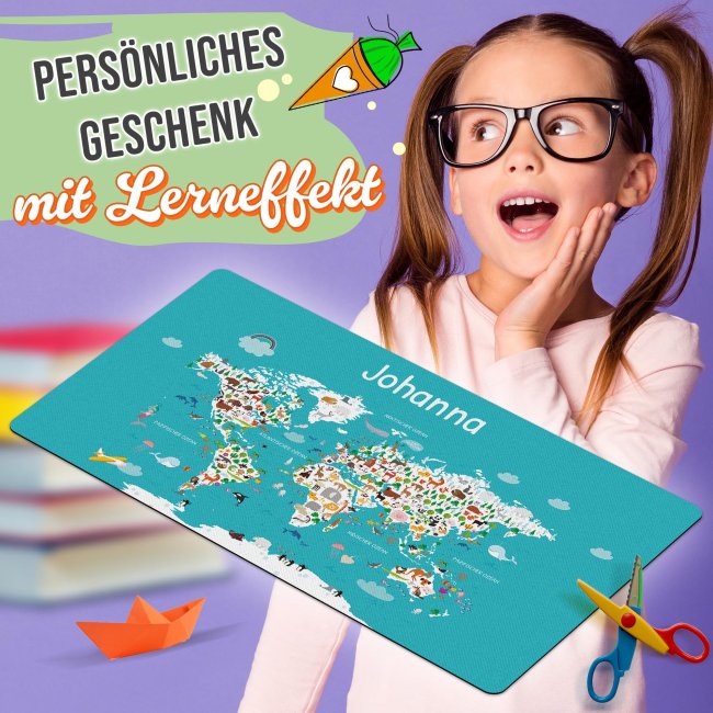 Schreibtischunterlage f&uuml;r Kinder - Weltkarte Tiere - mit Name personalisierbar - 60 x 35 cm