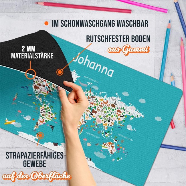 Schreibtischunterlage f&uuml;r Kinder - Weltkarte Tiere - mit Name personalisierbar - 60 x 35 cm