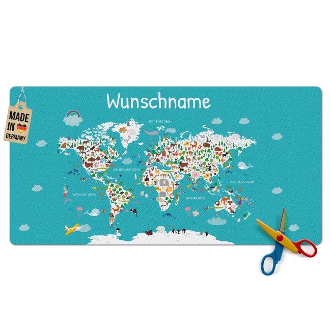 Schreibtischunterlage f&uuml;r Kinder - Weltkarte Tiere - mit Name personalisierbar - 80 x 40 cm