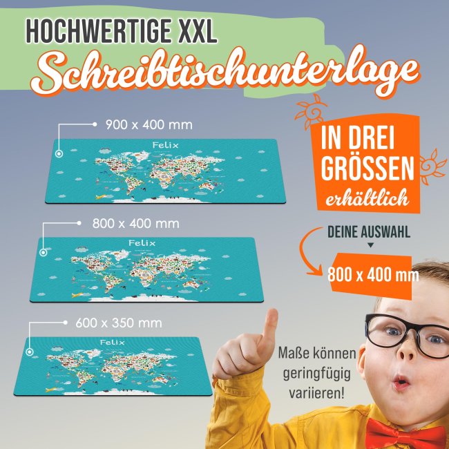 Schreibtischunterlage f&uuml;r Kinder - Weltkarte Tiere - mit Name personalisierbar - 80 x 40 cm