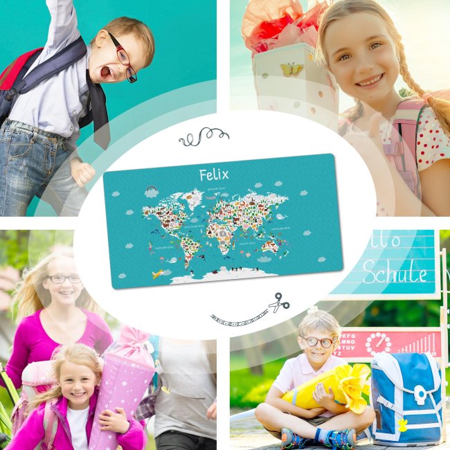 Schreibtischunterlage f&uuml;r Kinder - Weltkarte Tiere - mit Name personalisierbar - 80 x 40 cm