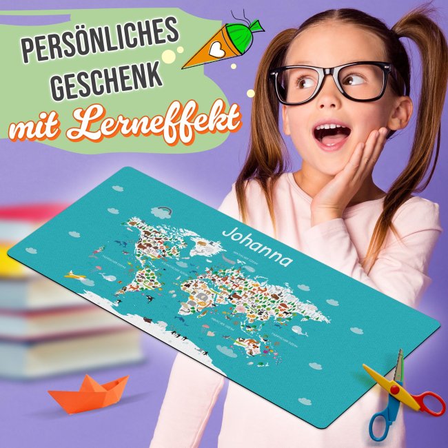 Schreibtischunterlage f&uuml;r Kinder - Weltkarte Tiere - mit Name personalisierbar - 80 x 40 cm