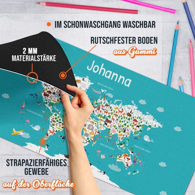 Schreibtischunterlage f&uuml;r Kinder - Weltkarte Tiere - mit Name personalisierbar - 80 x 40 cm