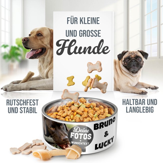Hundenapf mit Collage f&uuml;r 2 Fotos &amp; Text - Edelstahl 1500 ml