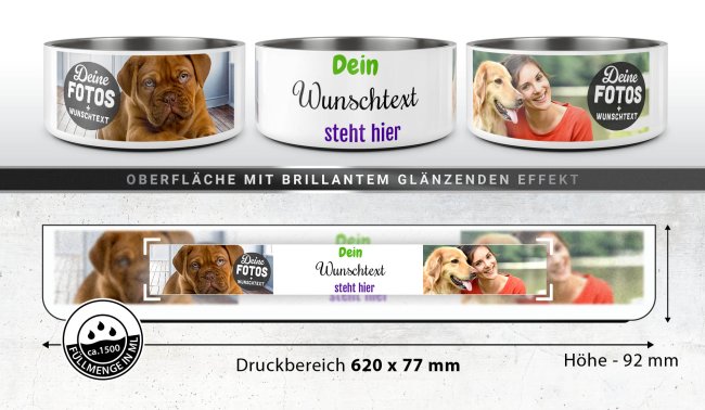 Hundenapf mit Collage f&uuml;r 2 Fotos &amp; Text - Edelstahl 1500 ml