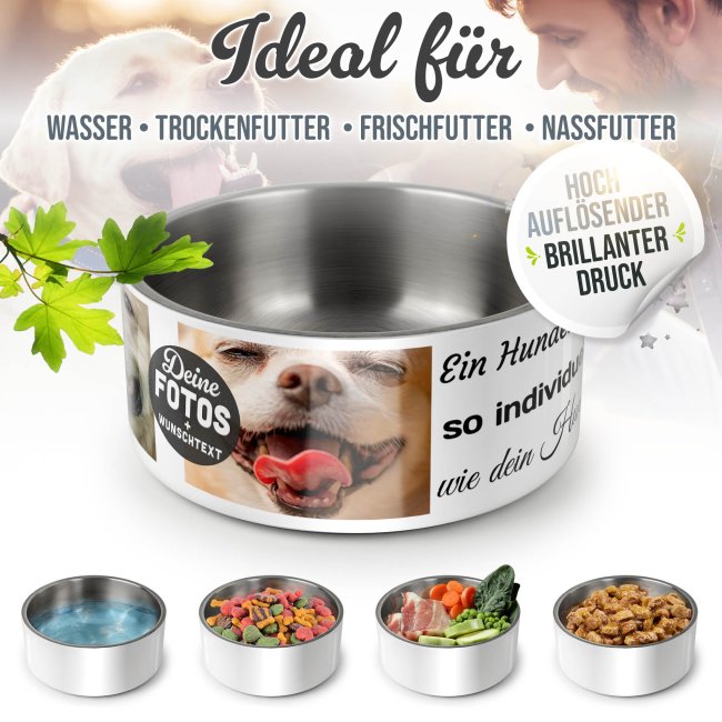 Hundenapf mit Collage f&uuml;r 4 Fotos &amp; Text - Edelstahl 1500 ml