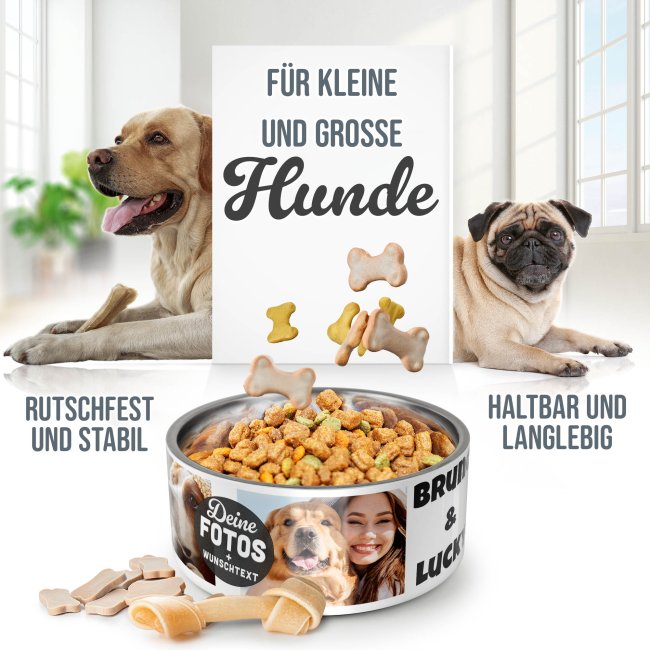 Hundenapf mit Collage f&uuml;r 4 Fotos &amp; Text - Edelstahl 1500 ml