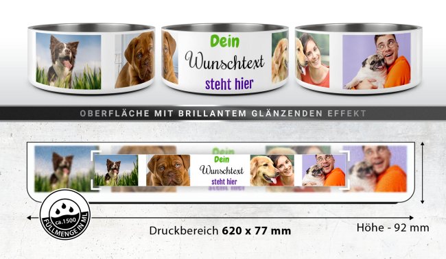 Hundenapf mit Collage f&uuml;r 4 Fotos &amp; Text - Edelstahl 1500 ml