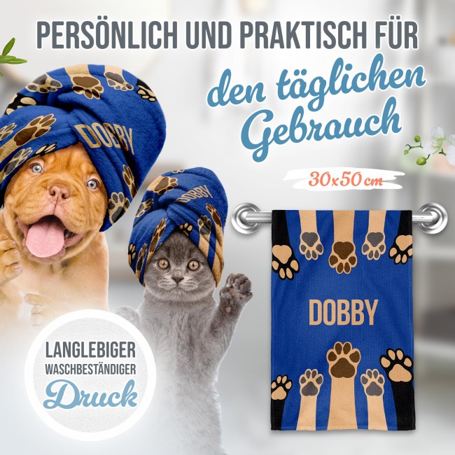 Pfotenhandtuch f&uuml;r Tiere - Pfoten - mit Name - blau 50 x 30 cm