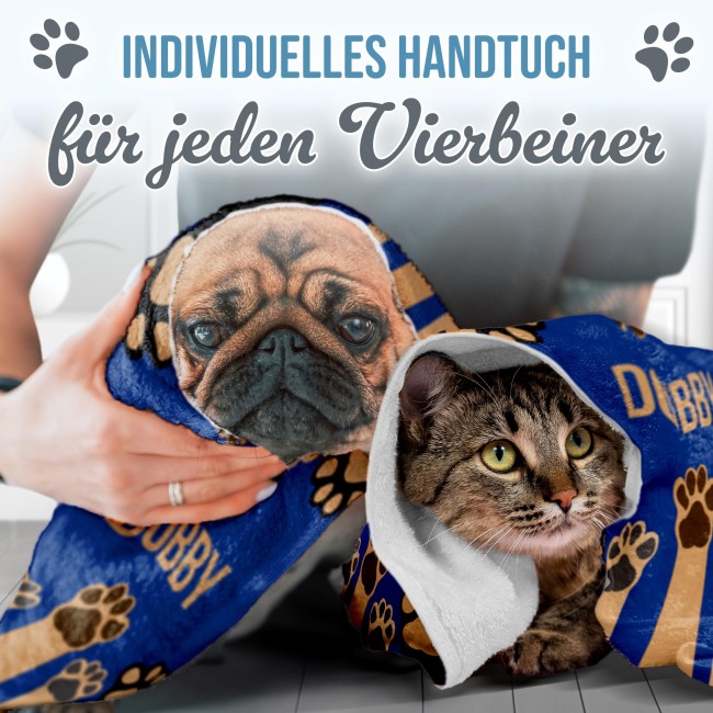 Pfotenhandtuch f&uuml;r Tiere - Pfoten - mit Name - blau 50 x 30 cm