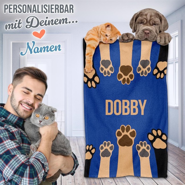 Pfotenhandtuch f&uuml;r Tiere - Pfoten - mit Name - blau 50 x 30 cm