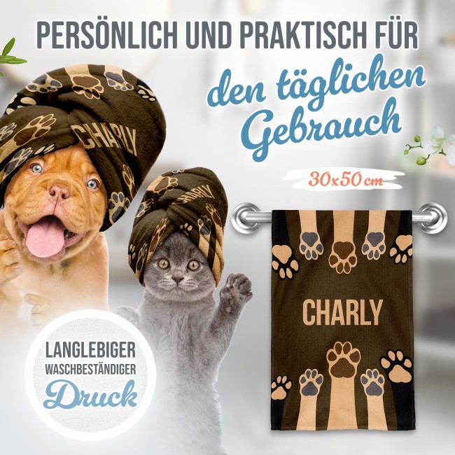 Pfotenhandtuch f&uuml;r Tiere - Pfoten - mit Name - braun 50 x 30 cm