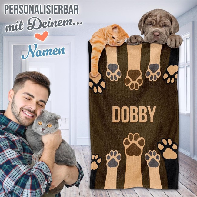Pfotenhandtuch f&uuml;r Tiere - Pfoten - mit Name - braun 50 x 30 cm