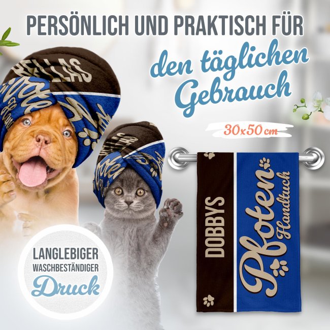 Pfotenhandtuch f&uuml;r Tiere - Pfotenhandtuch - mit Name - blau 50 x 30 cm