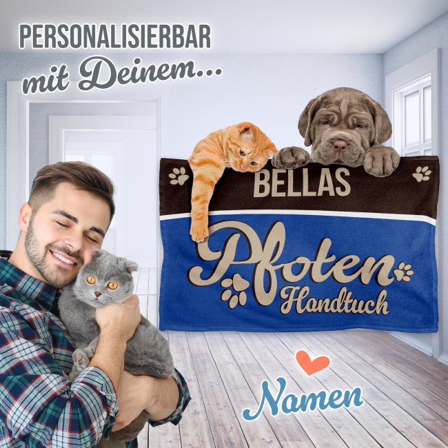 Pfotenhandtuch f&uuml;r Tiere - Pfotenhandtuch - mit Name - blau 50 x 30 cm