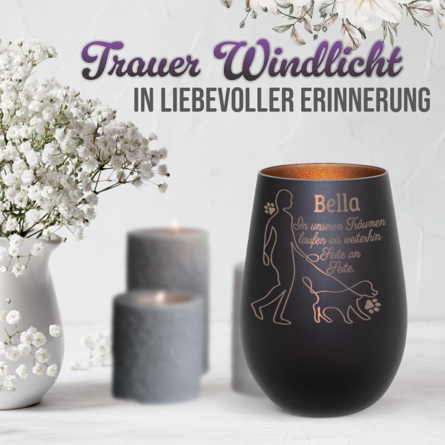 Trauerlicht f&uuml;r Hunde - Seite an Seite - mit Name  - inkl. Teelicht - Schwarz-Bronze