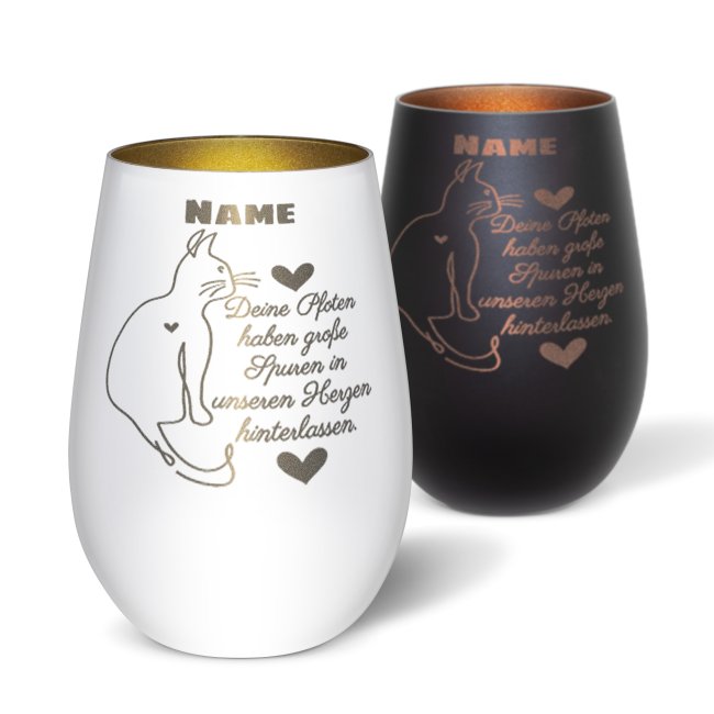 Trauerlicht f&uuml;r Katzen - Spuren im Herzen - mit Name  - inkl. Teelicht