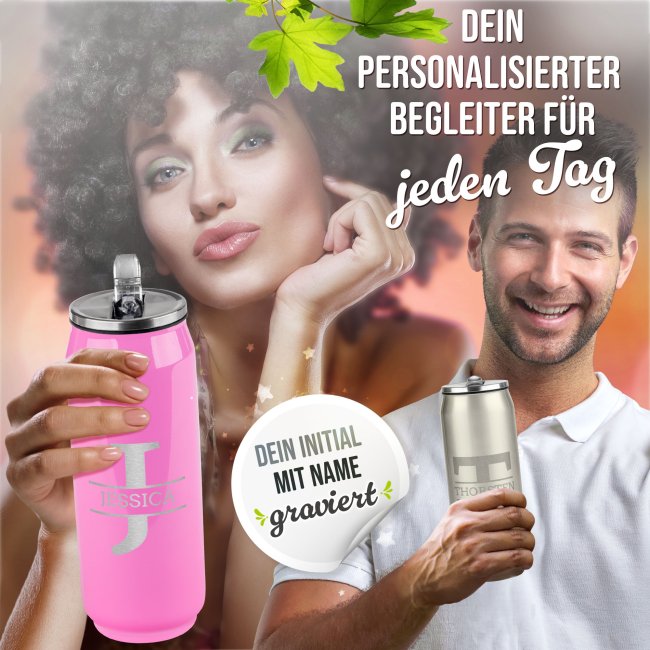 Gravierte Edelstahl-Trinkflasche, Cola-Dose - mit Buchstabe &amp; Name - 4 Farben - 420 ml