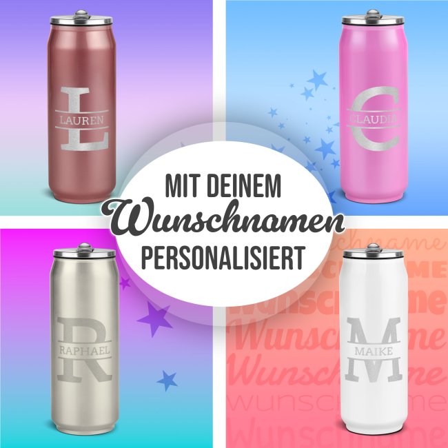 Gravierte Edelstahl-Trinkflasche, Cola-Dose - mit Buchstabe &amp; Name - 4 Farben - 420 ml