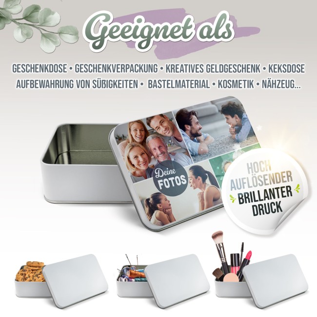 Geschenkdose mit Collage f&uuml;r 4 Fotos - in drei Gr&ouml;&szlig;en