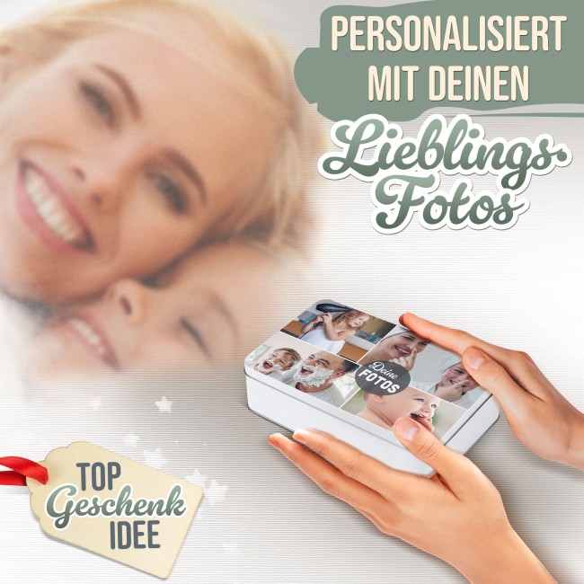 Geschenkdose mit Collage f&uuml;r 4 Fotos - in drei Gr&ouml;&szlig;en