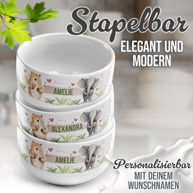 Kinder-M&uuml;slisch&uuml;ssel - S&uuml;&szlig;e Tierchen - mit Name - 500 ml