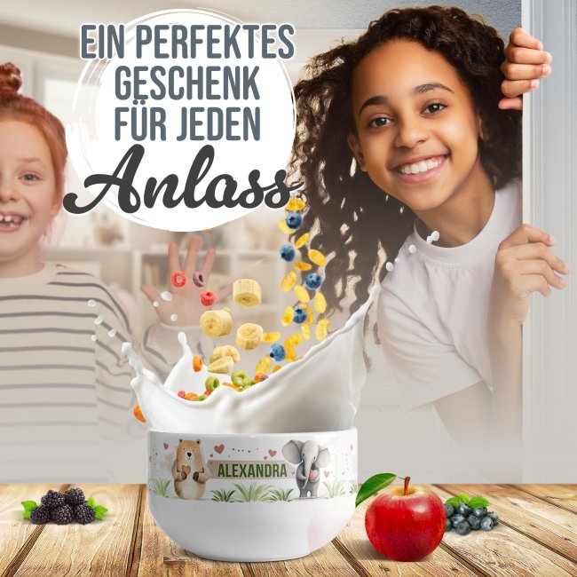 Kinder-M&uuml;slisch&uuml;ssel - S&uuml;&szlig;e Tierchen - mit Name - 500 ml