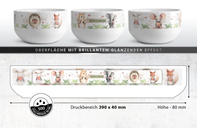 Kinder-M&uuml;slisch&uuml;ssel - S&uuml;&szlig;e Tierchen - mit Name - 500 ml