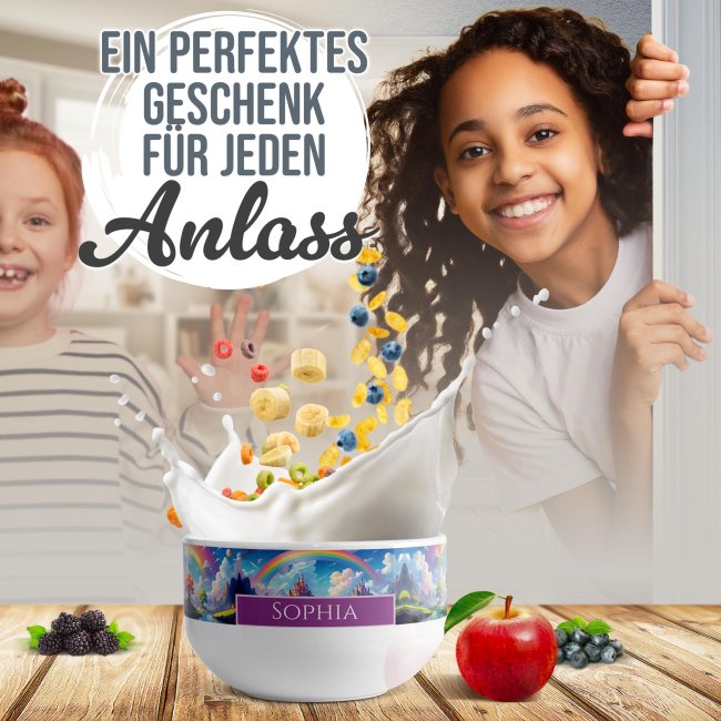 Kinder-M&uuml;slisch&uuml;ssel - Regenbogen - Schloss - mit Name - 500 ml