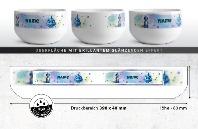 Kinder-M&uuml;slisch&uuml;ssel - Blauer Dino - mit Name - 500 ml