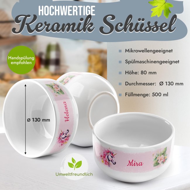 Kinder-M&uuml;slisch&uuml;ssel - Einhorn Rosa - mit Name - 500 ml