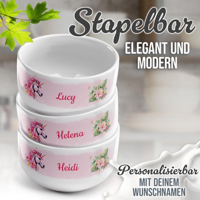 Kinder-M&uuml;slisch&uuml;ssel - Einhorn Rosa - mit Name - 500 ml